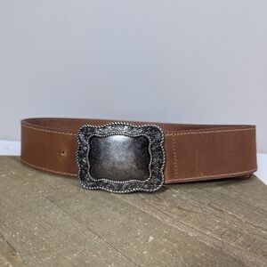 Simons Brown Leather Belt 2” Wide Silver Western Buckle Fits 30–34 Vintage Style